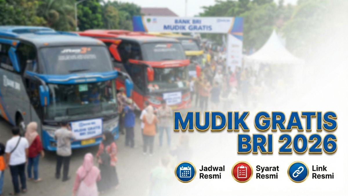 buatkan gambar thumbnail youtube, hanya teks dengan topik “Mudik Gratis BRI 2026” font bold modern warna biru shadow warna emas dan ukuran teks kecil. Tempatkan di kiri atau kanan Bawah. Di bawahnya terdapat 3 icon bulat warna biru atau merah dilapisi warna emas dengan teks : "Jadwal Remis" "Syarat Resmi" "Link Resmi" Ukuran icon kecil tapi jelas. kasih background tipis-tipis, gambar background Bus dengan tulisan "Mudik Gratis Bank BRI 2026". Kualitas gambar standar google discover.